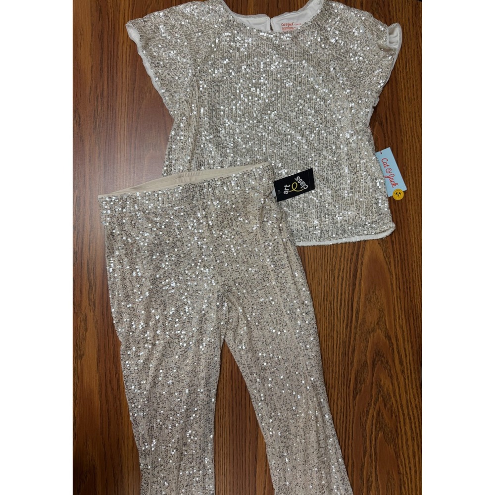 Cat & Jack Art Class Girls Sequin Set Silver Top L 10/12 Pants XL 14 NWT